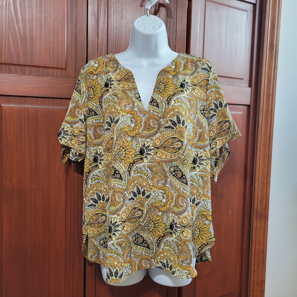 Michael Kors Yellow Multicolored Floral Art To Wear Short Sleeve Blouse | Large